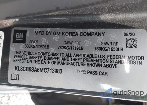 2021 Chevrolet Spark Fwd Ls Automatic z USA, uszkodzony, nr VIN KL8CB6SA6MC713983